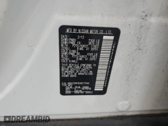 2012 Infiniti QX56 7-passenger with VIN JN8AZ2NF8C9517540, listed as a Copart auction lot 75046604 with 213,468 mi miles and Salvage Title. Bid and sale history available at carsss.com. Image 14.