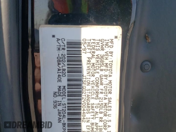 1997 Toyota Celica GT z VIN JT5FG02T2V0044842, wystawiony jako Copart lot #54335965 z przebiegiem 203 152 mil mil oraz Szkoda całkowita • Salvage title. Historia ofert i sprzedaży dostępna na DreamBid. Obrazek 12.