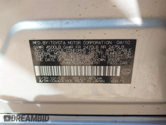 2010 Lexus IS 350 with VIN JTHBE5C28A5024781, listed as a IAAI auction lot 41855466 with Not provided miles and . Bid and sale history available at DreamBid. Image 9.