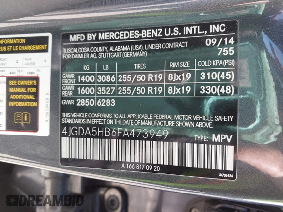 2015 Mercedes-Benz M 350 with VIN 4JGDA5HB6FA473949, listed as a IAAI auction lot 41779707 with 112,554 mi miles and . Bid and sale history available at carsss.com. Image 9.