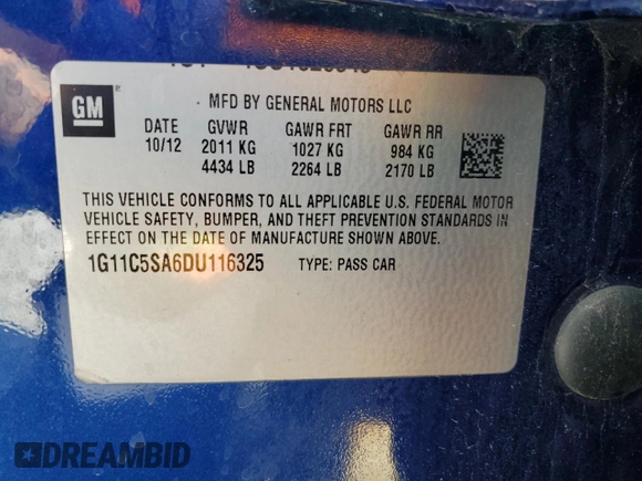 2013 Chevrolet Malibu LT with VIN 1G11C5SA6DU116325, listed as a Copart auction lot 54699835 with 117,585 mi miles and Salvage Title. Bid and sale history available at DreamBid. Image 12.