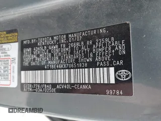 2007 Toyota Camry CE with VIN 4T1BE46KX7U651838, listed as a IAAI auction lot 41660130 with 191,619 mi miles. Bid and sale history available at carsss.com. Image 9.