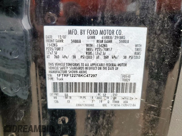 2008 Ford F-150 XL with VIN 1FTRF12278KC47297, listed as a Copart auction lot 63924155 with 345,597 mi miles and Clean title. Bid and sale history available at DreamBid. Image 12.