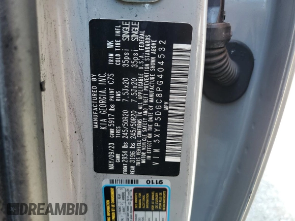 2023 Kia Telluride SX Prestige X-Line z VIN 5XYP5DGC8PG404532, wystawiony jako Copart lot #53205865 z przebiegiem Nie podano mil oraz Nie do naprawy • Non repairable. Historia ofert i sprzedaży dostępna na DreamBid. Obrazek 13.