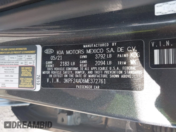 2021 Kia Forte LXS с VIN 3KPF24AD6ME372761, выставлен на аукционе IAAI как лот 42135790 с пробегом 62 310 миль миль и . История ставок и продаж доступна на DreamBid. Изображение 9.