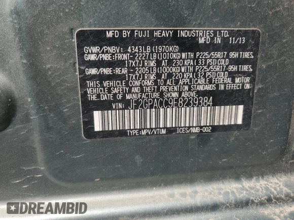 2014 Subaru Crosstrek Premium with VIN JF2GPACC9E8239384, listed as a Copart auction lot 60400115 with 93,183 mi miles and Salvage title. Bid and sale history available at DreamBid. Image 14.