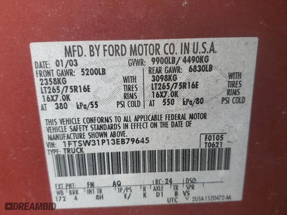 2003 Ford Super Duty F-350 SRW XL with VIN 1FTSW31P13EB79645, listed as a Copart auction lot 42157865 with NaN miles and Salvage Title. Bid and sale history available at carsss.com. Image 12.