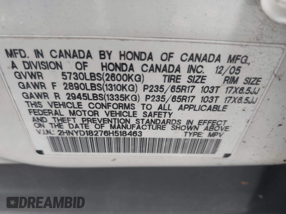 2006 Acura MDX with VIN 2HNYD18276H518463, listed as a IAAI auction lot 41958944 with 33,081 mi miles. Bid and sale history available at carsss.com. Image 9.