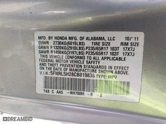 2012 Honda Odyssey LX with VIN 5FNRL5H28CB019838, listed as a IAAI auction lot 41844803 with 179,454 mi miles. Bid and sale history available at carsss.com. Image 9.