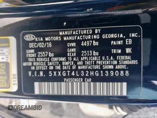 2017 Kia Optima LX with VIN 5XXGT4L32HG139088, listed as a Copart auction lot 57840865 with 115,449 mi miles and Salvage title. Bid and sale history available at DreamBid. Image 12.