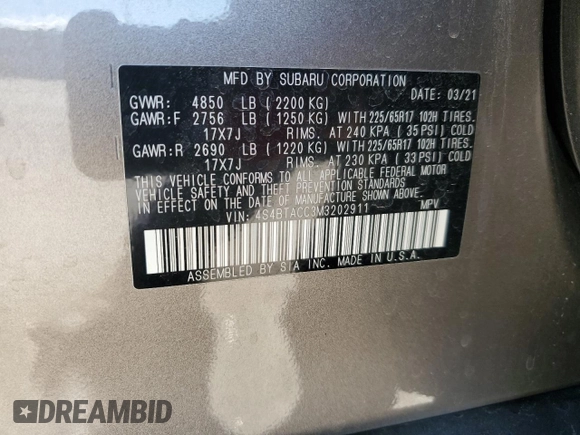 2021 Subaru Outback Premium with VIN 4S4BTACC3M3202911, listed as a Copart auction lot 50340455 with 44,645 mi miles and Salvage Title. Bid and sale history available at DreamBid. Image 15.