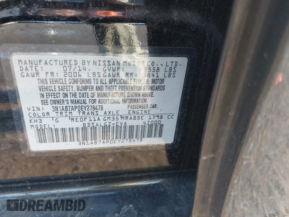 2014 Nissan Sentra S with VIN 3N1AB7AP0EY278478, listed as a IAAI auction lot 41531087 with 115,807 mi miles and . Bid and sale history available at DreamBid. Image 9.