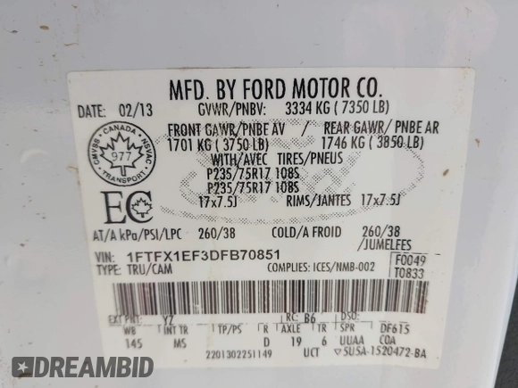2013 Ford F-150 XL с VIN 1FTFX1EF3DFB70851, выставлен на аукционе IAAI как лот 42067353 с пробегом 150 304 миль миль и . История ставок и продаж доступна на DreamBid. Изображение 9.