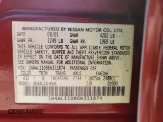 2006 Nissan Altima 2.5 S with VIN 1N4AL11D86N311874, listed as a Copart auction lot 48122005 with 109,223 mi miles and Non Repairable. Bid and sale history available at carsss.com. Image 12.