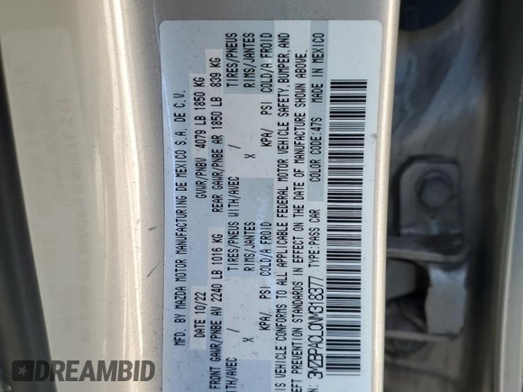 2022 Mazda 3 Carbon Edition with VIN 3MZBPACL0NM318377, listed as a Copart auction lot 50489375 with 47,326 mi miles and Salvage title. Bid and sale history available at DreamBid. Image 12.