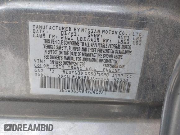 2021 Nissan Sentra SR with VIN 3N1AB8DV2MY241785, listed as a IAAI auction lot 41799389 with 103,759 mi miles. Bid and sale history available at carsss.com. Image 9.