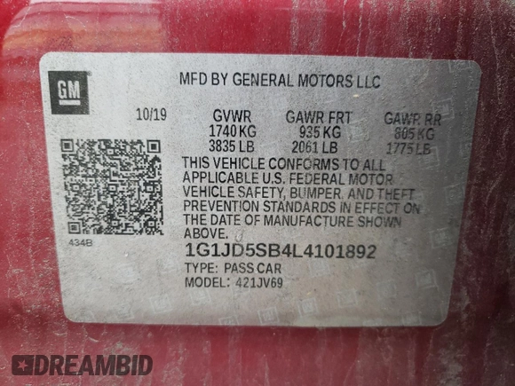 2020 Chevrolet Sonic LT with VIN 1G1JD5SB4L4101892, listed as a Copart auction lot 60486455 with 88,142 mi miles and Salvage title. Bid and sale history available at DreamBid. Image 12.