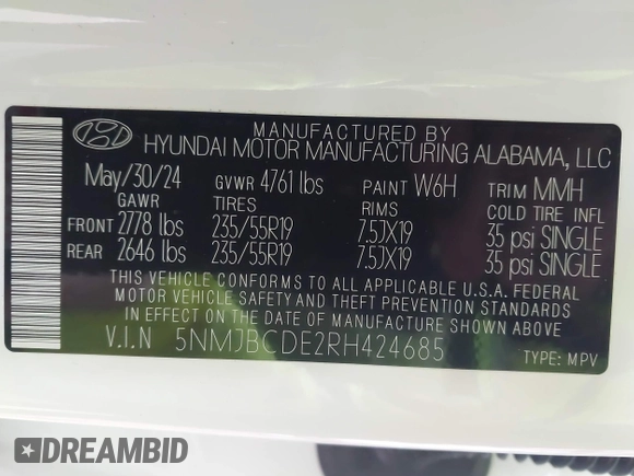 2024 Hyundai Tucson SEL with VIN 5NMJBCDE2RH424685, listed as a IAAI auction lot 41524218 with 10,481 mi miles and . Bid and sale history available at DreamBid. Image 9.