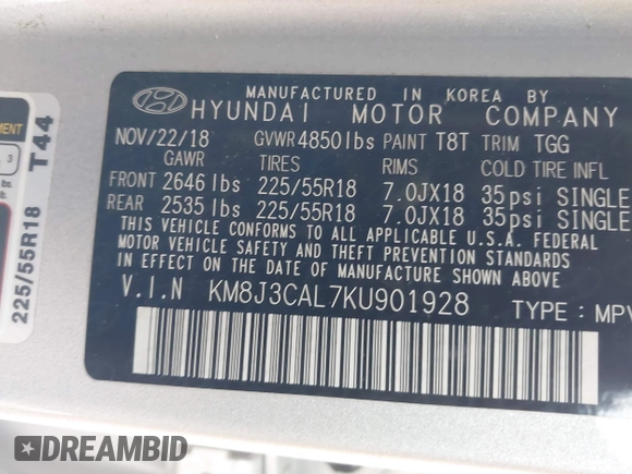 2019 Hyundai Tucson Ultimate with VIN KM8J3CAL7KU901928, listed as a IAAI auction lot 41387537 with 20,448 mi miles. Bid and sale history available at carsss.com. Image 9.