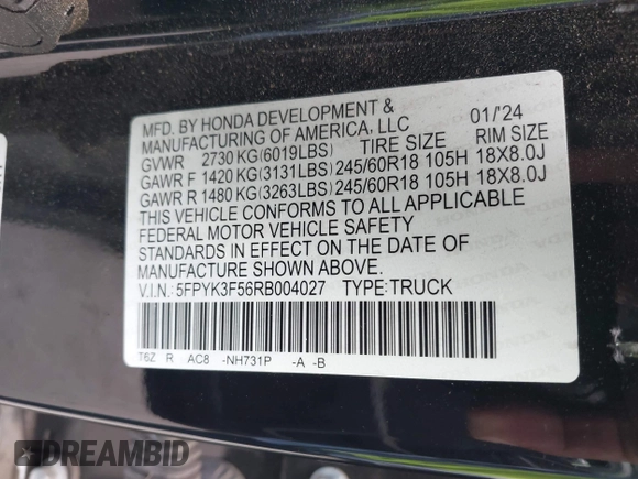 2024 Honda Ridgeline RTL with VIN 5FPYK3F56RB004027, listed as a IAAI auction lot 42049778 with 35,631 mi miles and . Bid and sale history available at DreamBid. Image 9.
