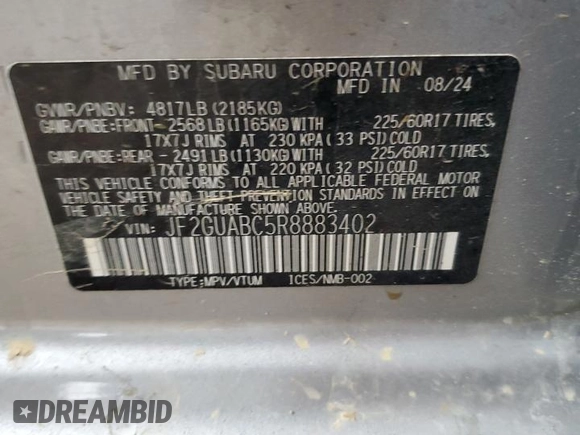 2024 Subaru Crosstrek z VIN JF2GUABC5R8883402, wystawiony jako Copart lot #55194115 z przebiegiem 5 362 mil mil oraz Szkoda całkowita • Salvage title. Historia ofert i sprzedaży dostępna na DreamBid. Obrazek 14.