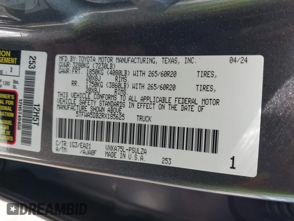 2024 Toyota Tundra Limited with VIN 5TFWA5DB2RX185625, listed as a IAAI auction lot 41829342 with 16,023 mi miles and . Bid and sale history available at DreamBid. Image 9.