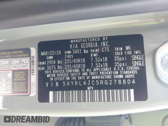 2024 Kia Sorento S with VIN 5XYRL4JC5RG278804, listed as a IAAI auction lot 42170947 with 12,709 mi miles and . Bid and sale history available at DreamBid. Image 9.