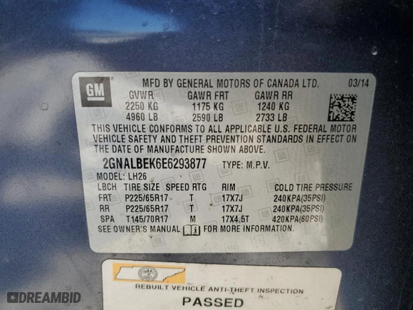 2014 Chevrolet Equinox LT with VIN 2GNALBEK6E6293877, listed as a Copart auction lot 87042744 with 123,949 mi miles and Salvage Title. Bid and sale history available at carsss.com. Image 15.