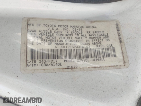 1993 Toyota Camry LE with VIN 4T1SK12E6PU316163, listed as a IAAI auction lot 42046444 with 261,514 mi miles. Bid and sale history available at carsss.com. Image 9.