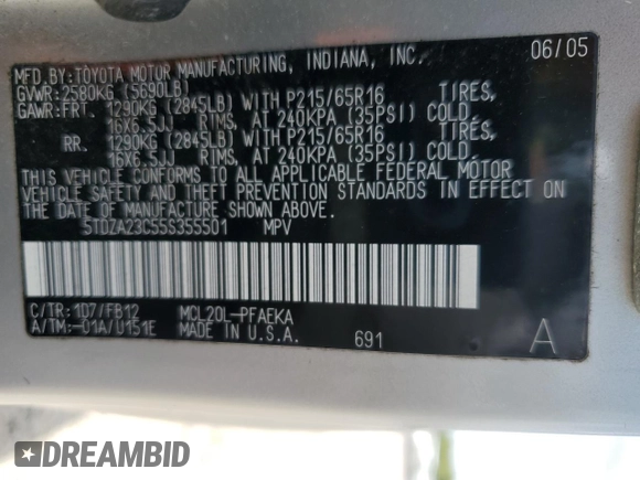 2005 Toyota Sienna CE with VIN 5TDZA23C55S355501, listed as a Copart auction lot 54168415 with 176,844 mi miles and Salvage Title. Bid and sale history available at DreamBid. Image 13.