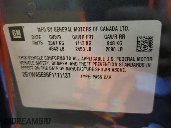 2015 Chevrolet Impala LS with VIN 2G1WA5E36F1171137, listed as a Copart auction lot 63060935 with 148,000 mi miles and Salvage title. Bid and sale history available at DreamBid. Image 12.