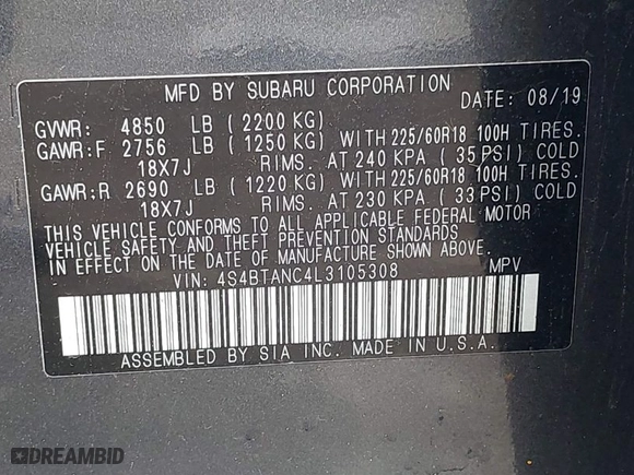 2020 Subaru Outback Limited with VIN 4S4BTANC4L3105308, listed as a IAAI auction lot 41849326 with 62,274 mi miles. Bid and sale history available at carsss.com. Image 9.