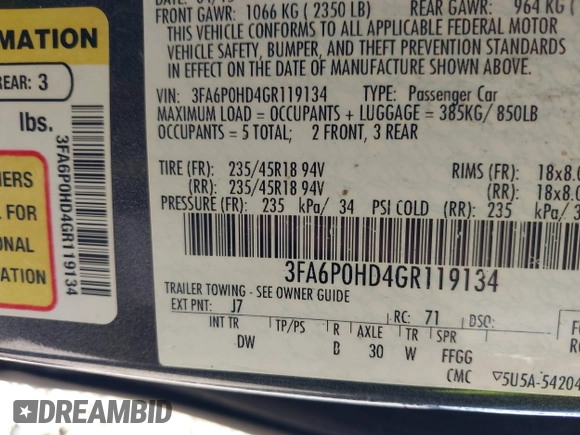 2016 Ford Fusion SE with VIN 3FA6P0HD4GR119134, listed as a IAAI auction lot 42018631 with 158,191 mi miles. Bid and sale history available at carsss.com. Image 9.