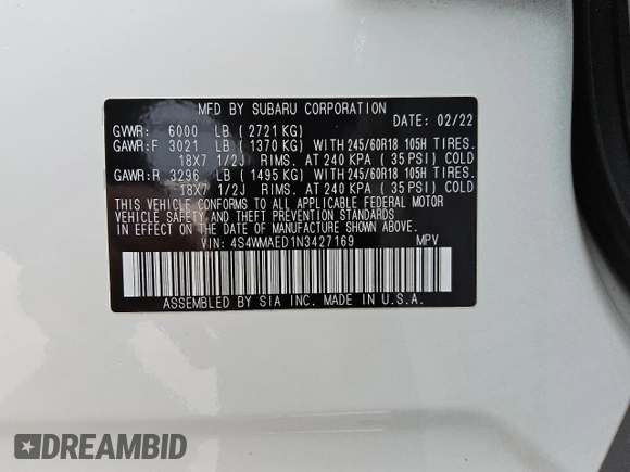 2022 Subaru Ascent Premium with VIN 4S4WMAED1N3427169, listed as a Copart auction lot 49071925 with 60,390 mi miles and Clean title. Bid and sale history available at DreamBid. Image 13.