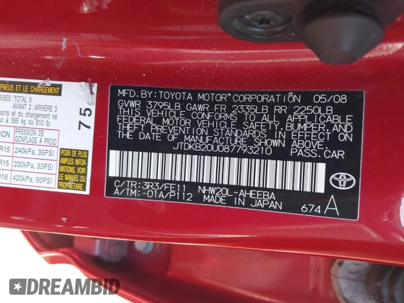 2008 Toyota Prius with VIN JTDKB20U087793210, listed as a IAAI auction lot 41844736 with 195,887 mi miles. Bid and sale history available at carsss.com. Image 9.