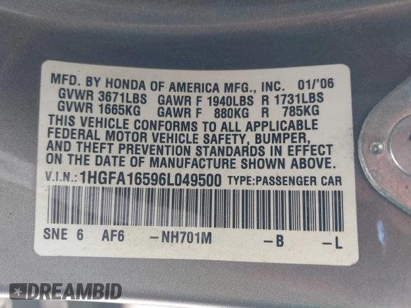 2006 Honda Civic LX with VIN 1HGFA16596L049500, listed as a IAAI auction lot 41801330 with 176,484 mi miles and . Bid and sale history available at DreamBid. Image 9.