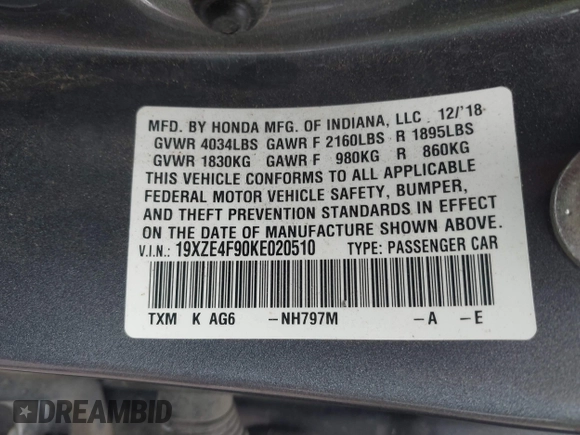 2019 Honda Insight Touring with VIN 19XZE4F90KE020510, listed as a IAAI auction lot 41838187 with 88,649 mi miles and . Bid and sale history available at DreamBid. Image 9.