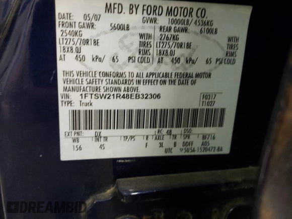 2008 Ford F-250 XL with VIN 1FTSW21R48EB32306, listed as a Copart auction lot 82715844 with 263,713 mi miles and Salvage title. Bid and sale history available at DreamBid. Image 12.