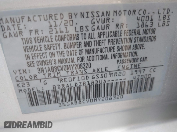 2021 Nissan Sentra SV with VIN 3N1AB8CV0MY208320, listed as a IAAI auction lot 42039115 with 40,728 mi miles and . Bid and sale history available at DreamBid. Image 9.