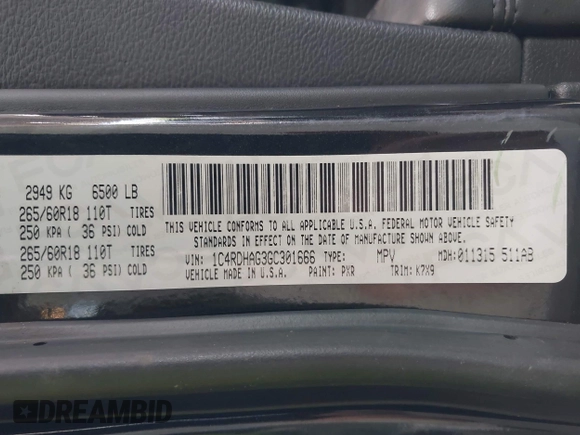 2016 Dodge Durango SXT with VIN 1C4RDHAG3GC301666, listed as a IAAI auction lot 42264091 with 100,769 mi miles and . Bid and sale history available at DreamBid. Image 9.