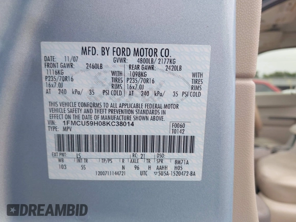 2008 Ford Escape Hybrid with VIN 1FMCU59H08KC38014, listed as a IAAI auction lot 42304980 with 211,671 mi miles and . Bid and sale history available at DreamBid. Image 9.