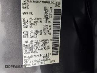 2023 Nissan Titan SV with VIN 1N6AA1ED8PN106127, listed as a Copart auction lot 82214774 with 39,089 mi miles and Salvage title. Bid and sale history available at DreamBid. Image 14.