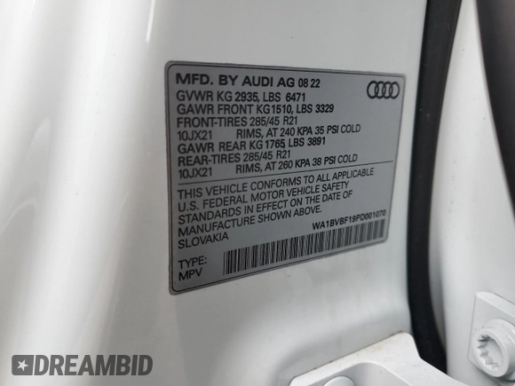 2023 Audi Q8 Premium Plus with VIN WA1BVBF19PD001070, listed as a Copart auction lot 73720044 with 14,747 mi miles and Non repairable. Bid and sale history available at DreamBid. Image 13.