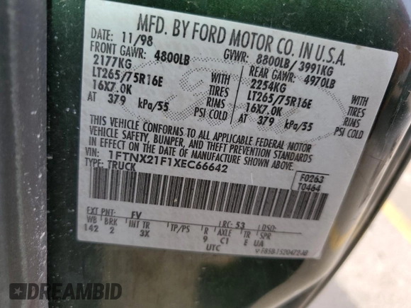 1999 Ford F-250 XL with VIN 1FTNX21F1XEC66642, listed as a Copart auction lot 43719795 with 243,637 mi miles and Salvage title. Bid and sale history available at DreamBid. Image 14.