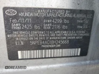 2011 Hyundai Sonata GLS with VIN 5NPEB4AC1BH245668, listed as a Copart auction lot 43205705 with 189,547 mi miles and Non Repairable. Bid and sale history available at DreamBid. Image 12.