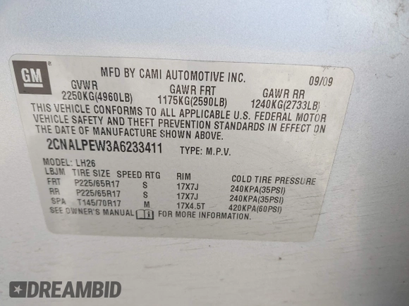 2010 Chevrolet Equinox LT w/2LT with VIN 2CNALPEW3A6233411, listed as a IAAI auction lot 41939911 with 153,004 mi miles. Bid and sale history available at carsss.com. Image 9.