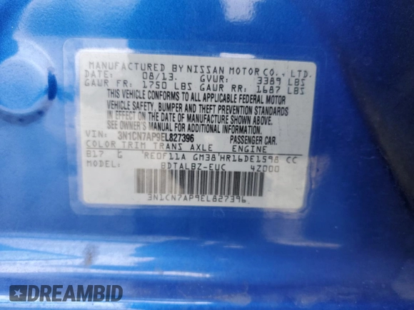 2014 Nissan Versa SV with VIN 3N1CN7AP9EL827396, listed as a Copart auction lot 44083975 with 64,967 mi miles and Salvage Title. Bid and sale history available at DreamBid. Image 14.
