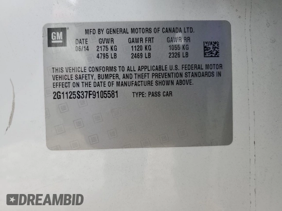 2015 Chevrolet Impala LT with VIN 2G1125S37F9105581, listed as a Copart auction lot 58853525 with 133,182 mi miles and Salvage title. Bid and sale history available at DreamBid. Image 12.