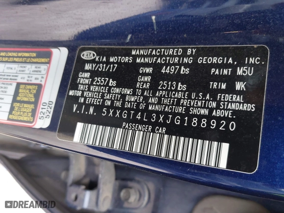 2018 Kia Optima S with VIN 5XXGT4L3XJG188920, listed as a IAAI auction lot 41433493 with 129,639 mi miles. Bid and sale history available at carsss.com. Image 9.