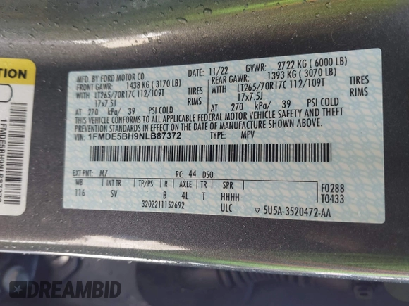 2022 Ford Bronco with VIN 1FMDE5BH9NLB87372, listed as a IAAI auction lot 42178135 with 71,585 mi miles and . Bid and sale history available at DreamBid. Image 9.